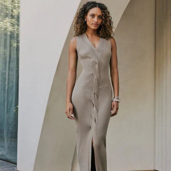 NWT Curaae by Ellatt Braided ribbed midi Zoey dress in tan, sz. M - Picture 1 of 4